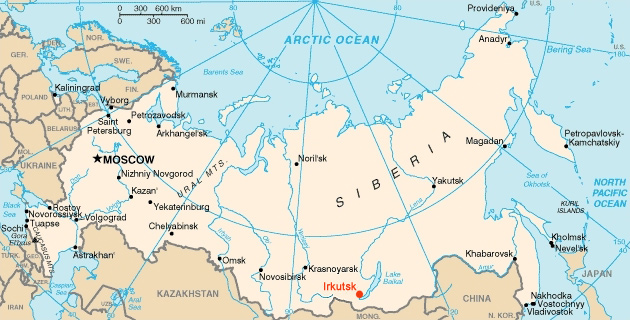 Irkutsk on the map of Russia